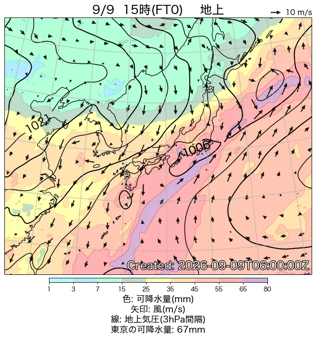 2026年9月9日の日本周辺の地上天気図（15時）