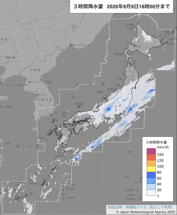 2026年9月9日15〜18時の日本周辺の3時間解析降水量