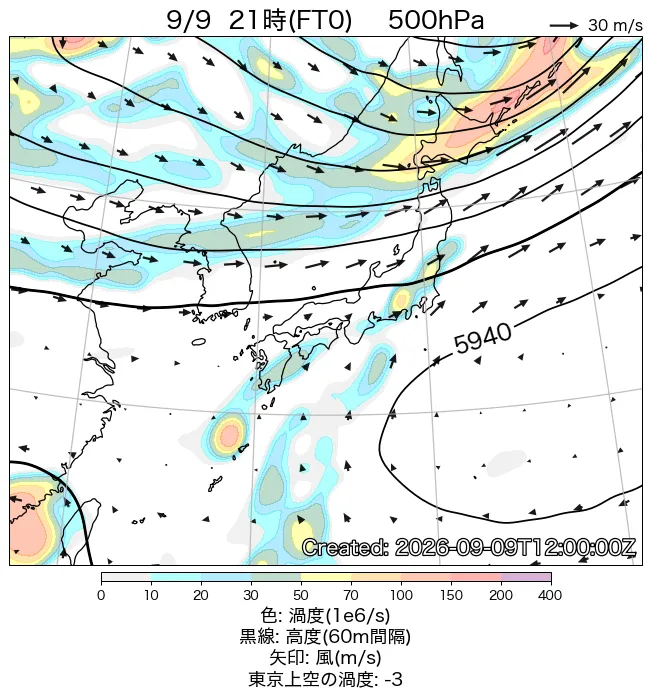 2026年9月9日の日本周辺の500hPa天気図（21時）