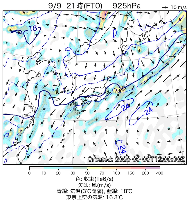 2026年9月9日の日本周辺の925hPa天気図（21時）