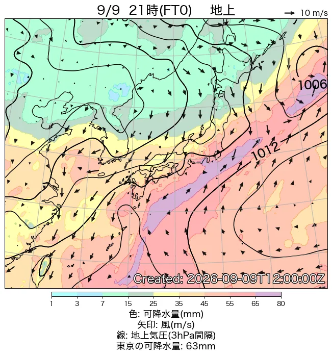2026年9月9日の日本周辺の地上天気図（21時）