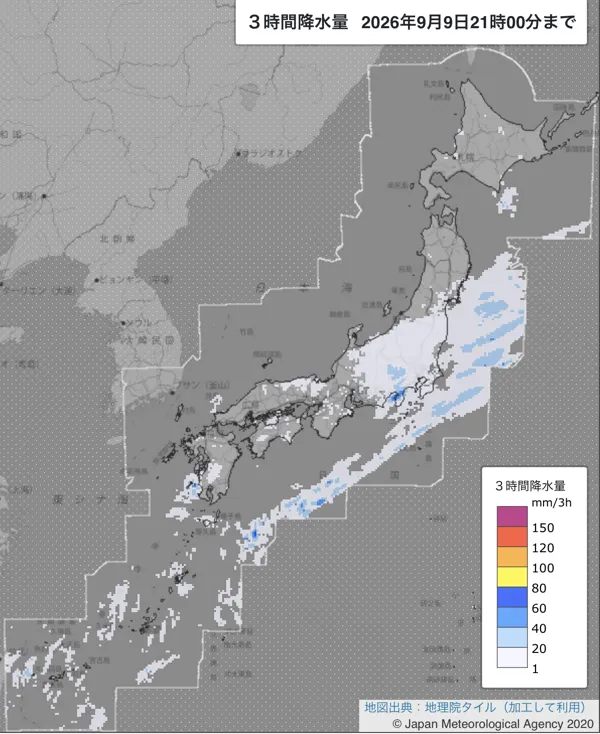 2026年9月9日18〜21時の日本周辺の3時間解析降水量