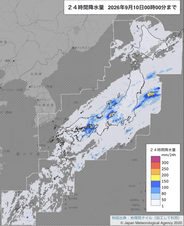2026年9月9日の日本周辺の日解析雨量の図