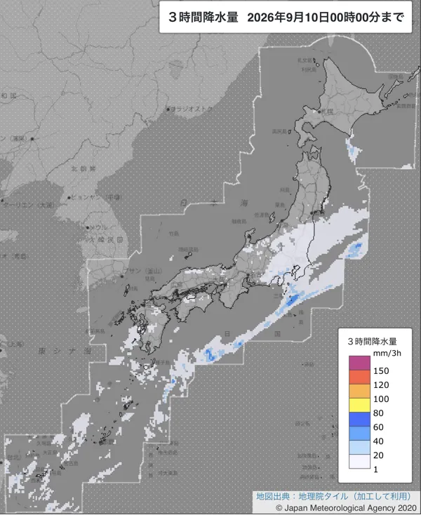 2026年9月9日21〜24時の日本周辺の3時間解析降水量