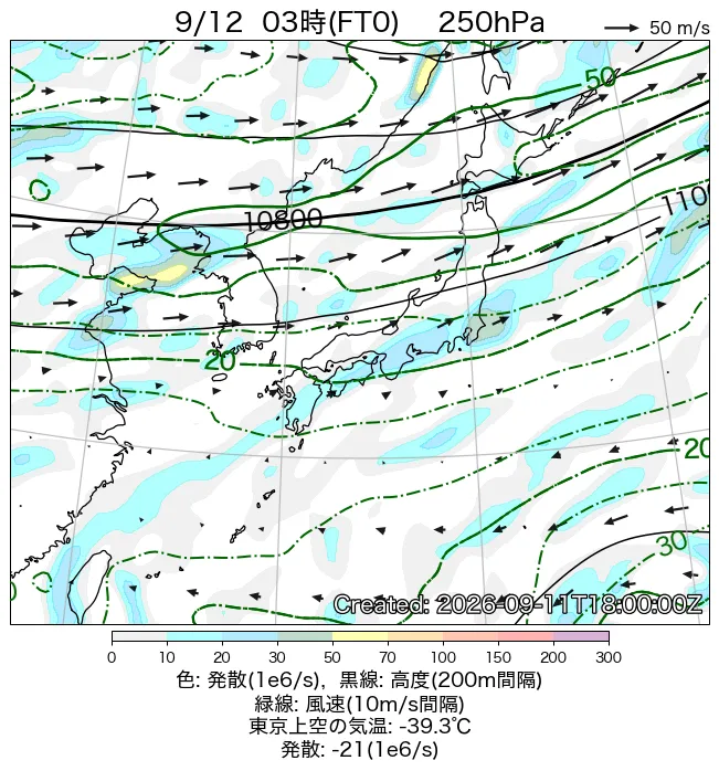 2026年9月12日の日本周辺の250hPa天気図（3時）
