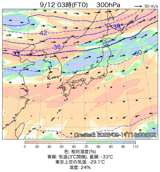 2026年9月12日の日本周辺の300hPa天気図（3時）