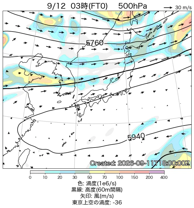 2026年9月12日の日本周辺の500hPa天気図（3時）