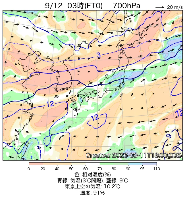 2026年9月12日の日本周辺の700hPa天気図（3時）