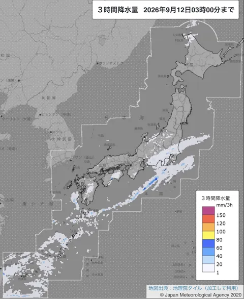 2026年9月12日0〜3時の日本周辺の3時間解析降水量
