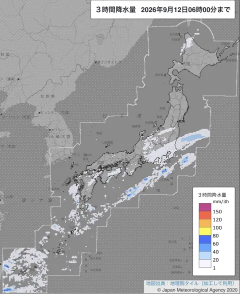 2026年9月12日3〜6時の日本周辺の3時間解析降水量