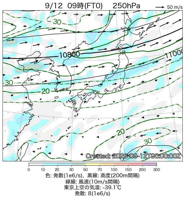 2026年9月12日の日本周辺の250hPa天気図（9時）