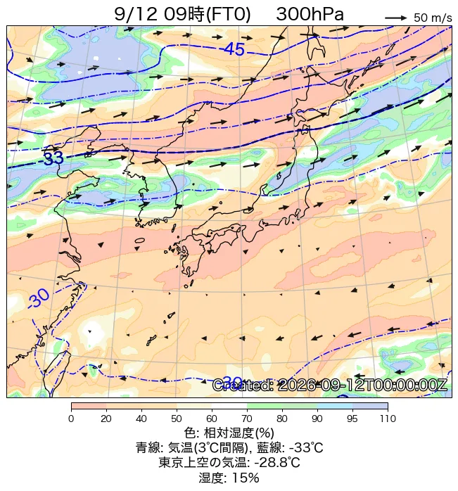 2026年9月12日の日本周辺の300hPa天気図（9時）