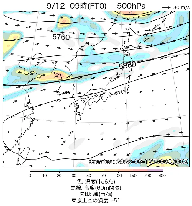 2026年9月12日の日本周辺の500hPa天気図（9時）