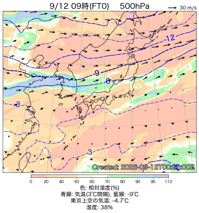 2026年9月12日の日本周辺の500hPa天気図（9時）