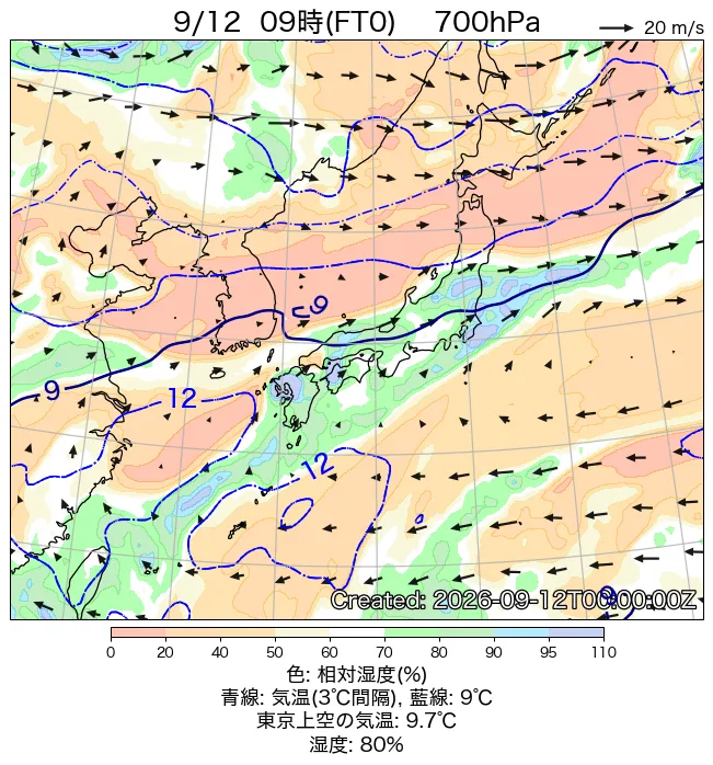 2026年9月12日の日本周辺の700hPa天気図（9時）