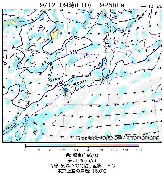 2026年9月12日の日本周辺の925hPa天気図（9時）