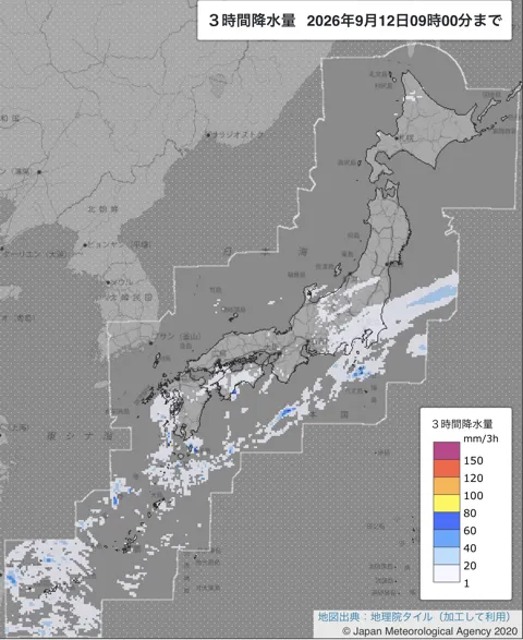 2026年9月12日6〜9時の日本周辺の3時間解析降水量