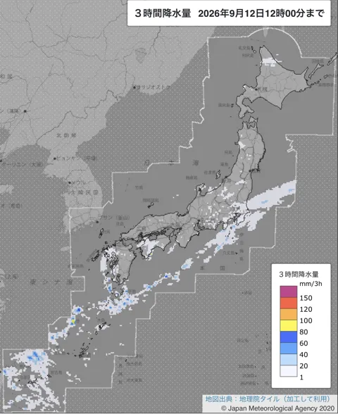 2026年9月12日9〜12時の日本周辺の3時間解析降水量
