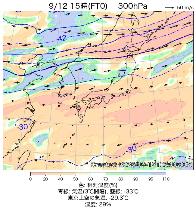 2026年9月12日の日本周辺の300hPa天気図（15時）