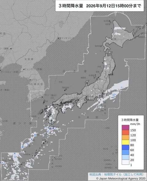 2026年9月12日12〜15時の日本周辺の3時間解析降水量
