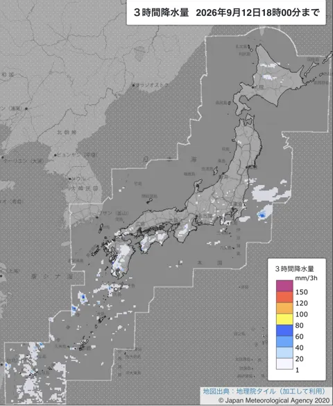 2026年9月12日15〜18時の日本周辺の3時間解析降水量