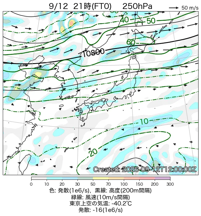 2026年9月12日の日本周辺の250hPa天気図（21時）
