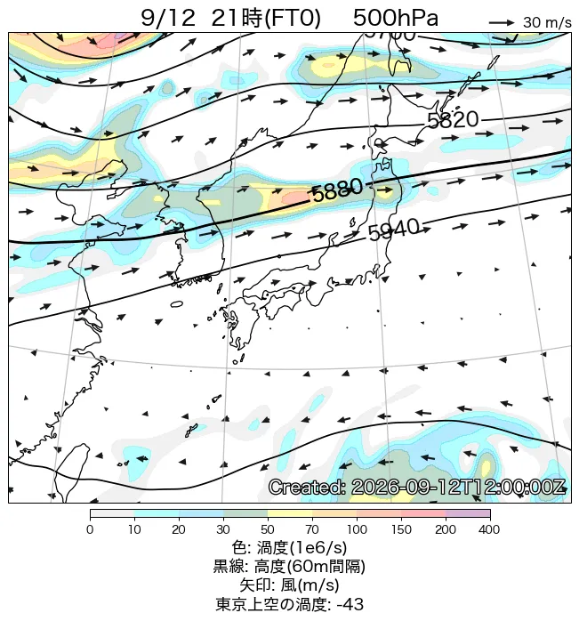 2026年9月12日の日本周辺の500hPa天気図（21時）