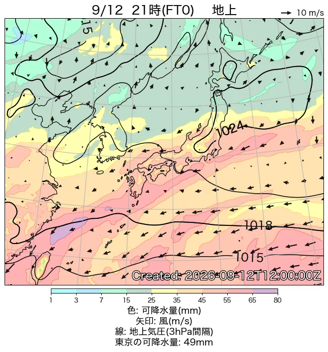 2026年9月12日の日本周辺の地上天気図（21時）
