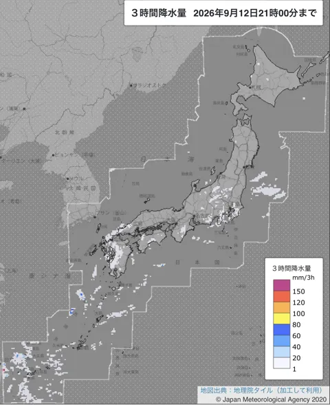 2026年9月12日18〜21時の日本周辺の3時間解析降水量