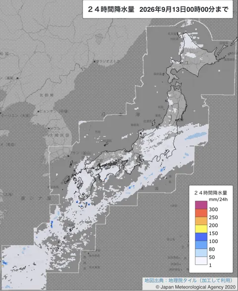 2026年9月12日の日本周辺の日解析雨量の図