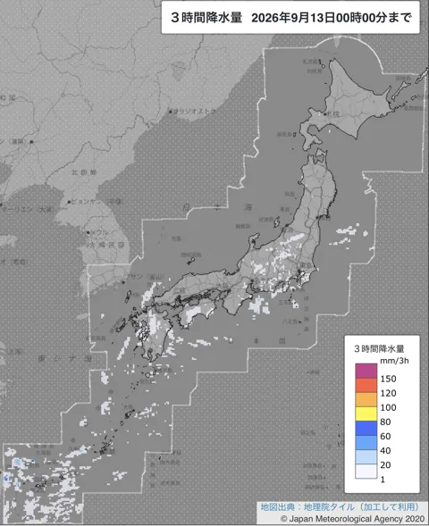 2026年9月12日21〜24時の日本周辺の3時間解析降水量