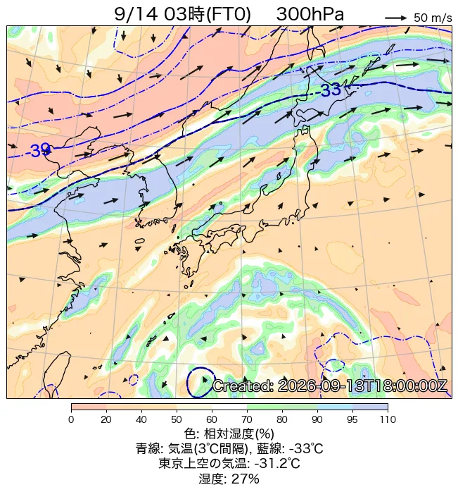 2026年9月14日の日本周辺の300hPa天気図（3時）