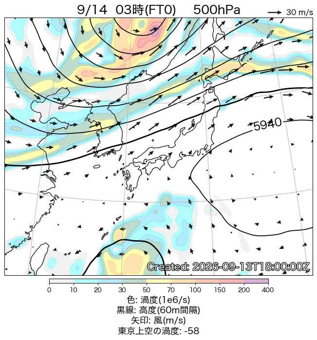 2026年9月14日の日本周辺の500hPa天気図（3時）