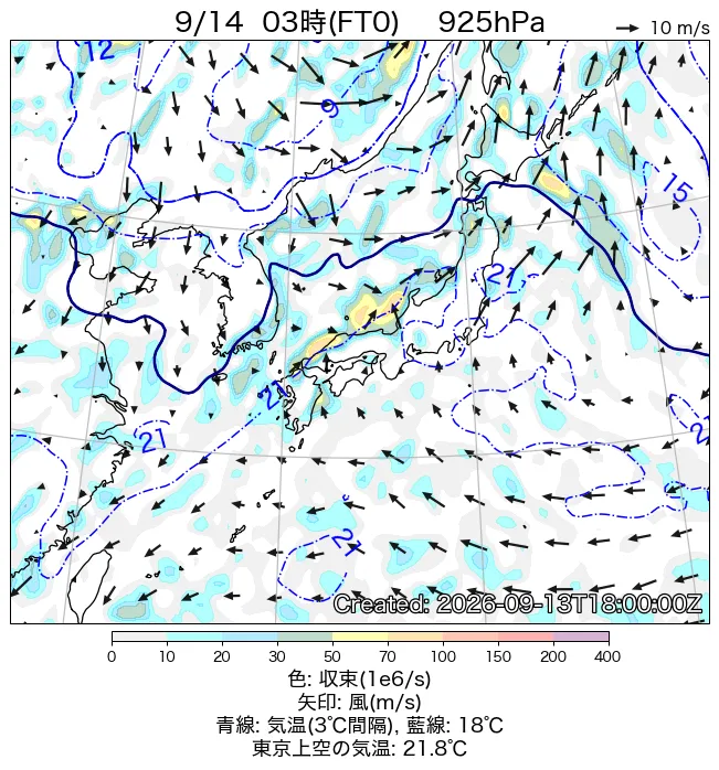 2026年9月14日の日本周辺の925hPa天気図（3時）