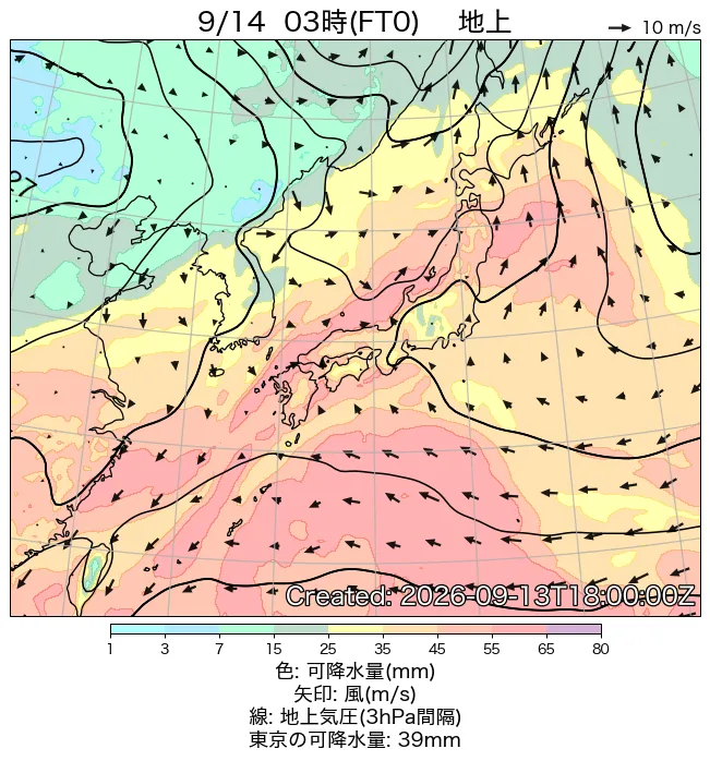 2026年9月14日の日本周辺の地上天気図（3時）