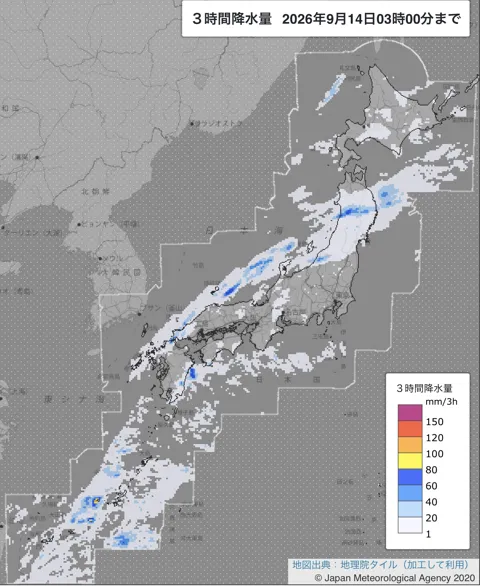 2026年9月14日0〜3時の日本周辺の3時間解析降水量