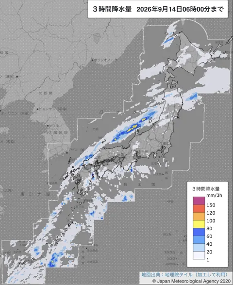 2026年9月14日3〜6時の日本周辺の3時間解析降水量