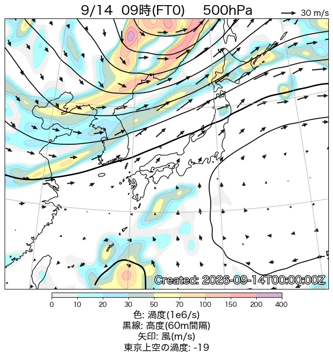 2026年9月14日の日本周辺の500hPa天気図（9時）