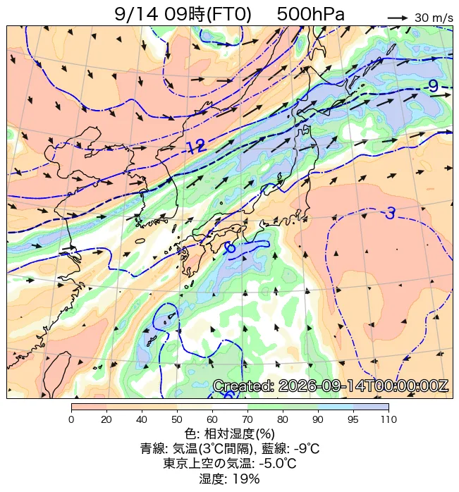 2026年9月14日の日本周辺の500hPa天気図（9時）