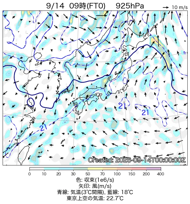 2026年9月14日の日本周辺の925hPa天気図（9時）
