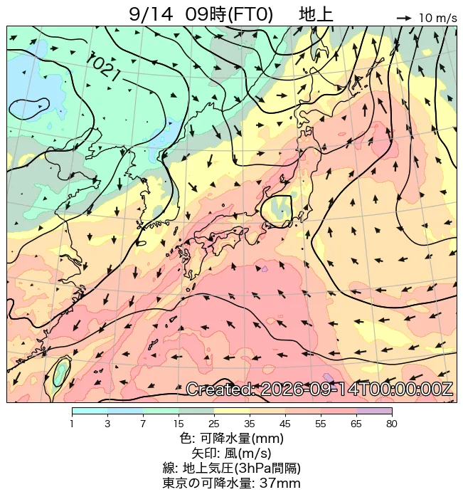 2026年9月14日の日本周辺の地上天気図（9時）