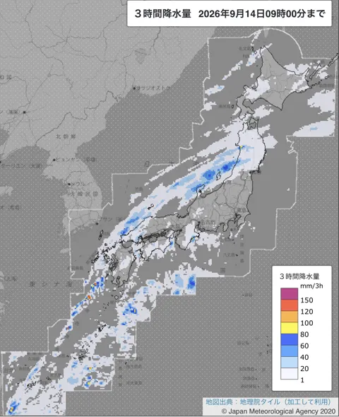 2026年9月14日6〜9時の日本周辺の3時間解析降水量