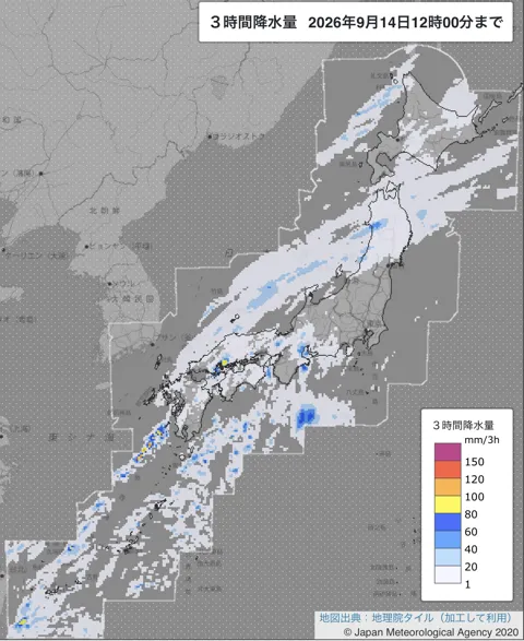 2026年9月14日9〜12時の日本周辺の3時間解析降水量