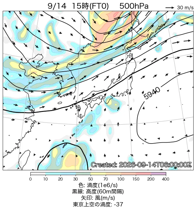 2026年9月14日の日本周辺の500hPa天気図（15時）