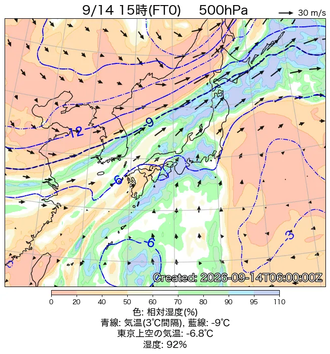 2026年9月14日の日本周辺の500hPa天気図（15時）