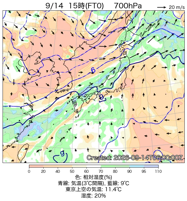2026年9月14日の日本周辺の700hPa天気図（15時）