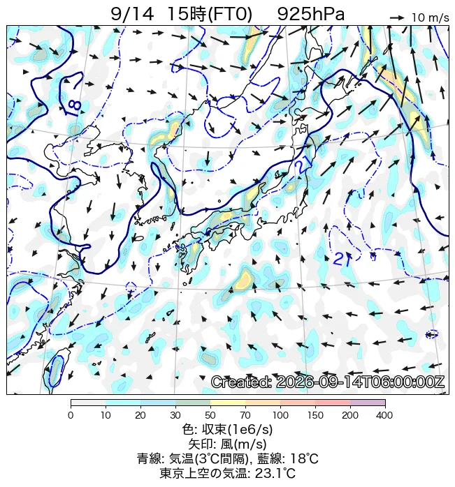 2026年9月14日の日本周辺の925hPa天気図（15時）