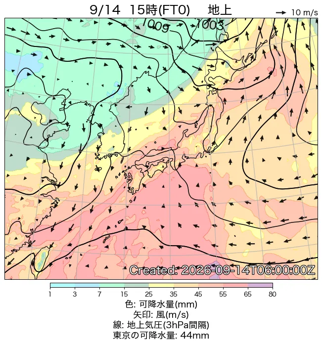 2026年9月14日の日本周辺の地上天気図（15時）