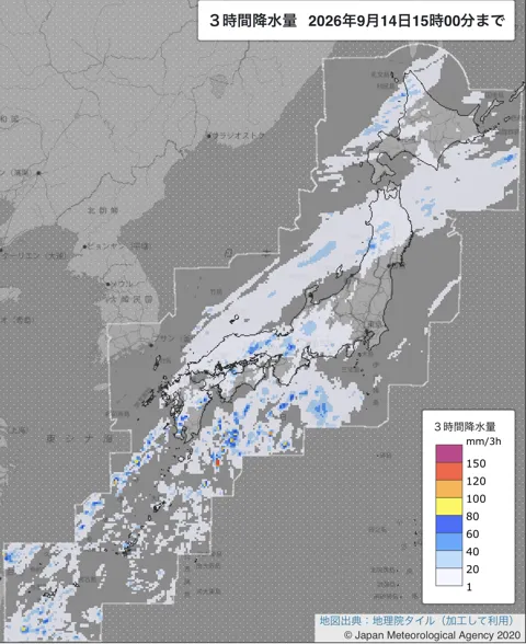 2026年9月14日12〜15時の日本周辺の3時間解析降水量