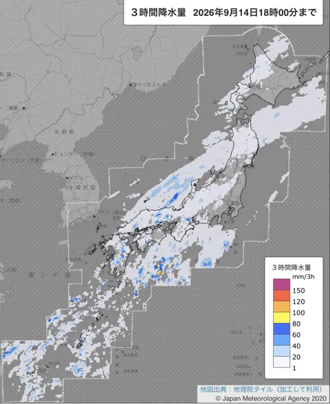2026年9月14日15〜18時の日本周辺の3時間解析降水量